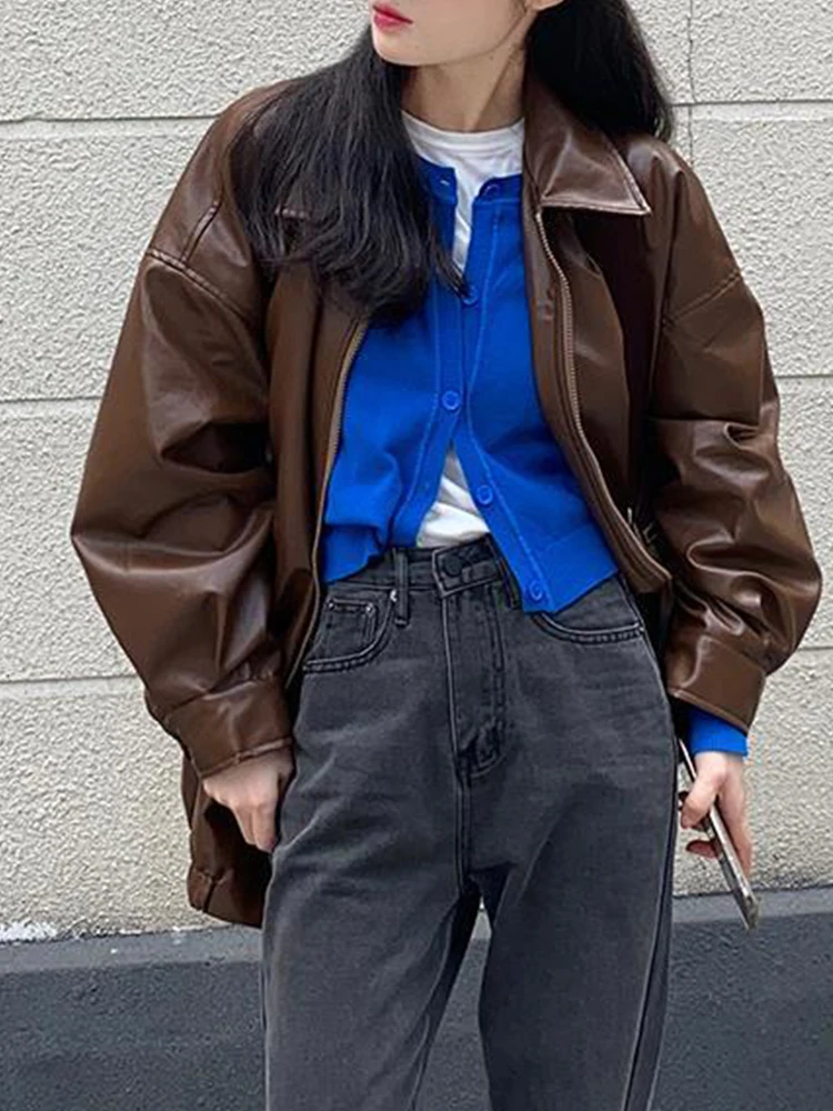 Яке от изкуствена кожа, Дамски Есенно-зимния мото-байкерская яке с цип, Дамски Корейската мода, Harajuku, Улично палто Y2K с Дълъг ръкав - 5