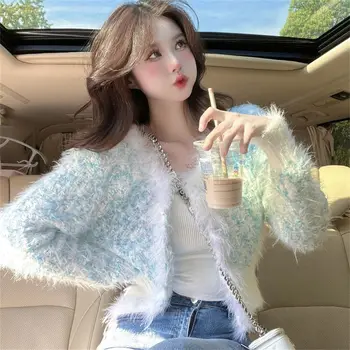 Жена жилетка, мека плюшена пуловер в стил мозайка с дълъг ръкав, палта, Оборудвана модерен Просто случаен жилетка, Офис женски Корейски Свободен