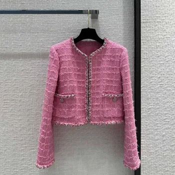 Ново есента модно твидовое палто в розова клетка, жена, сребро на една кука, с кръгло деколте, копчета, джобове, Сладка къса яке